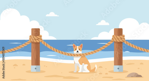 A happy dog sits on a sandy beach with a rope barrier and ocean background
