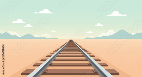A lone railway track stretches towards distant mountains under a sky with clouds