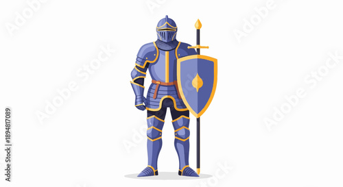 A lone, fully armored knight stands in blue and gold armor