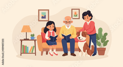 A heartwarming scene of a family, including a grandparent and child, reading books with their dog