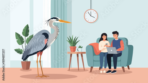 A heron stands tall inside a room with a couple on a couch