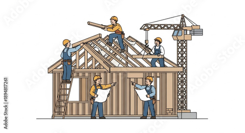 Construction workers building a house frame with crane overhead.