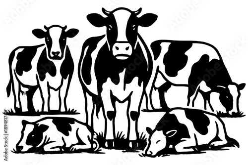 cow and calf,
Cute Dairy Cow, Calf, and Bull Vector, Farm Meadow Illustration