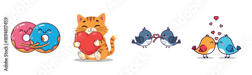 Cute cartoon characters: donuts, cat, lovebirds, hearts