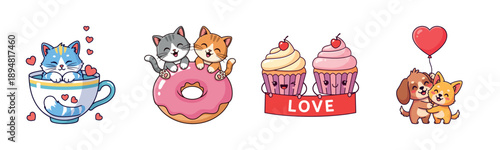 Cute cat and dog illustrations with cupcake, donut, and balloon