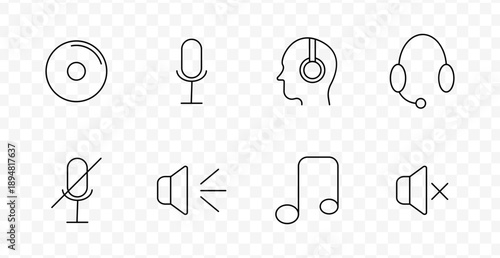 Audio set icon. CD, microphone, head with headset, support headset, muted mic, speaker with waves, music note, muted speaker, all in minimal sound-themed outlines.