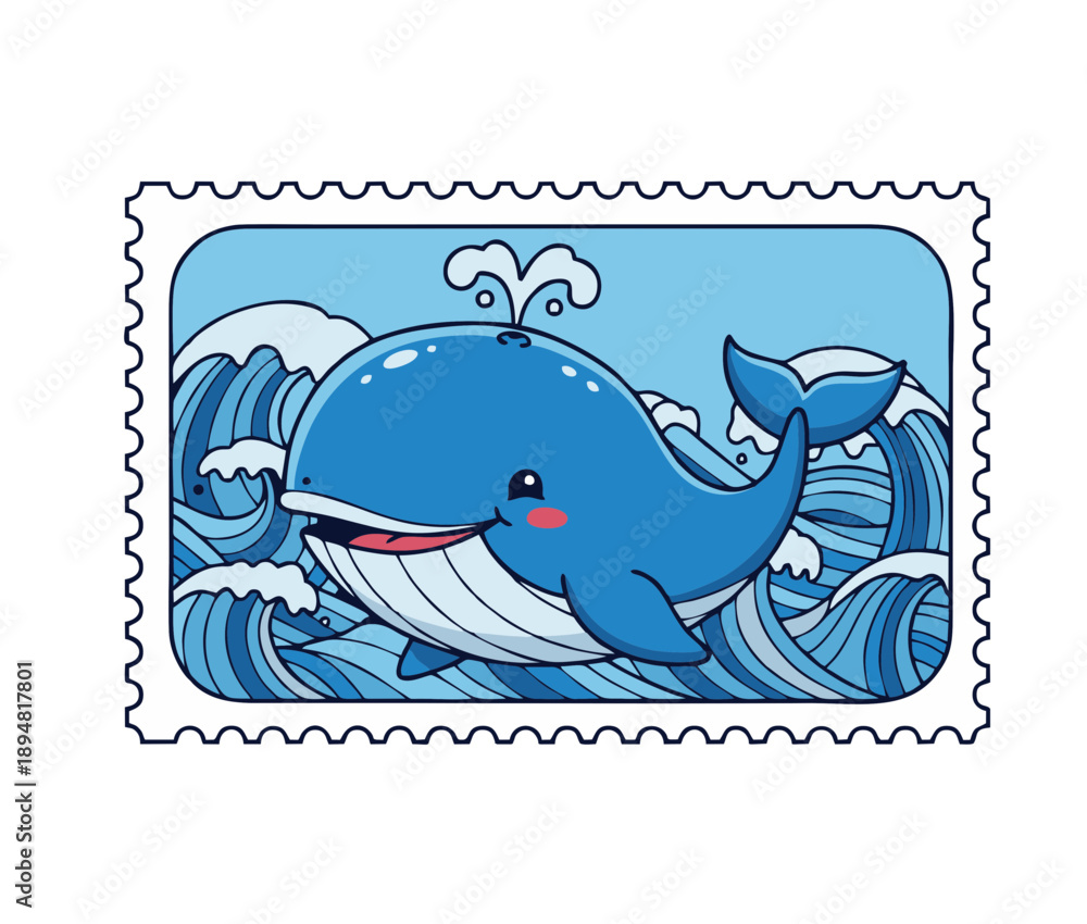 Naklejka premium cute blue whale swimming in ocean waves postage stamp illustration