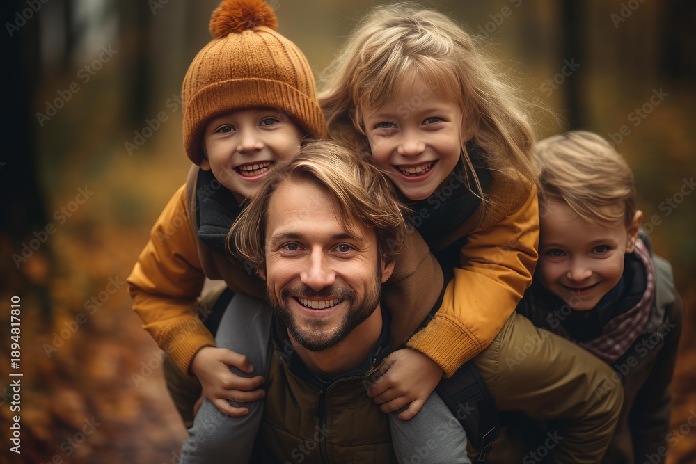 Fototapeta premium Father and three happy children laughing while enjoying a piggyback ride outdoors