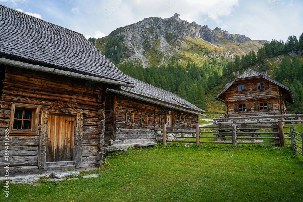 Obraz premium Timeless Alpine Charm with Old Wooden Huts on Ursprungalm, Austria