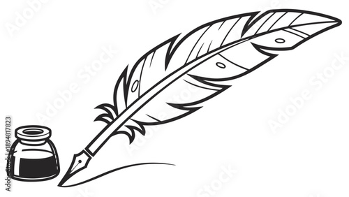 Vintage quill pen and inkwell in flat vector style for writing and literature themes