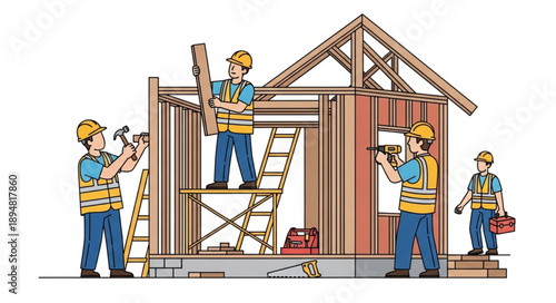 Construction workers building a house frame with tools and ladders.