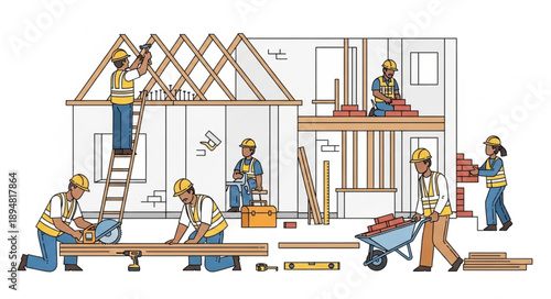 Construction workers building a house frame with tools and materials.