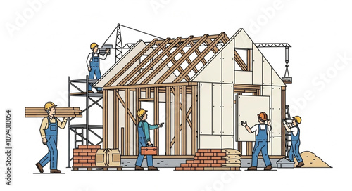 Construction workers building a house frame with wood and bricks.
