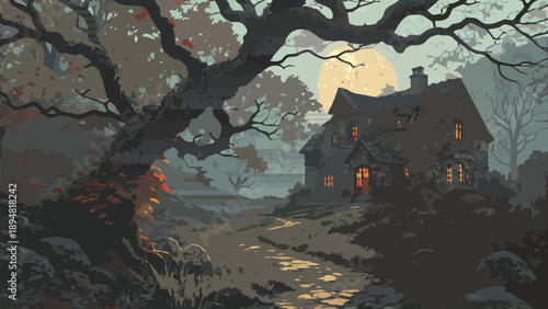 A dark twisted tree stands before a surreal ghostly house with lit windows under a full moon at dusk in a misty forest landscape