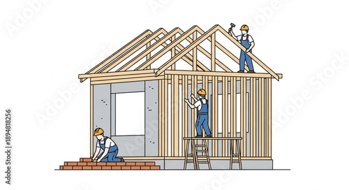 Construction workers building a house frame with wood beams and tools.