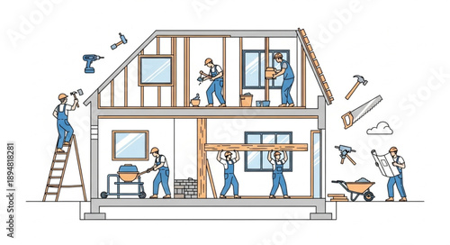 Construction workers building a house interior with tools and equipment.