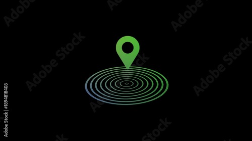 Green Location Pin Icon with Animated Expanding Radar Ripples on Black Background