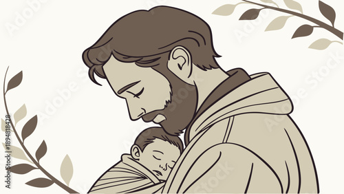 Loving father holding sleeping baby close warm beige tones gentle moment with leaves background