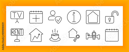 Property and schedule set icon. Includes TV, calendar, lock, info, rent sign, house key, coffee, gym, and arrow growth icons in real estate and planning context