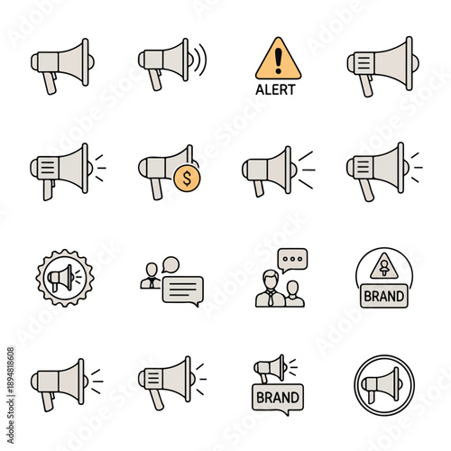 Graphic illustration set of line style megafon icons for business communication and announcement purposes on a clean white background.