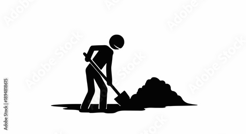 Stick figure digging a pile of dirt with a shovel.