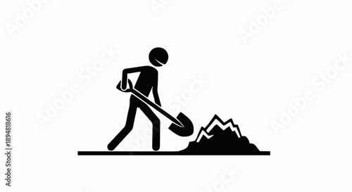 Stick figure digging a pile of dirt with a shovel.