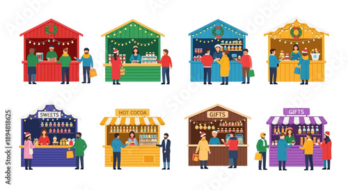 Colorful christmas market stalls with people shopping and festive decorations
