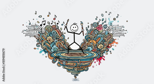 Stick Figure Dancing Joyfully Amidst Colorful Musical Explosion.