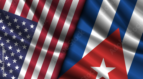Vector wavy national flags of United States of America and Republic of Cuba. Relations between countries. American and Cuban banner.
