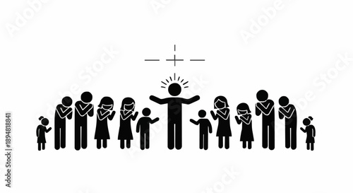 Stick Figure Congregation Worshiping A Central Figure With Sunburst.