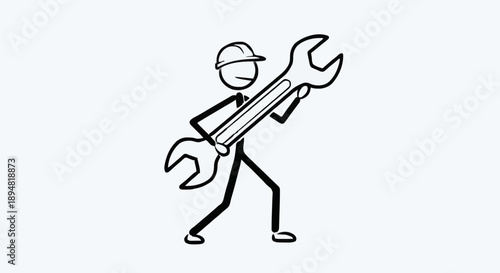Stick figure construction worker holding a large wrench tool.