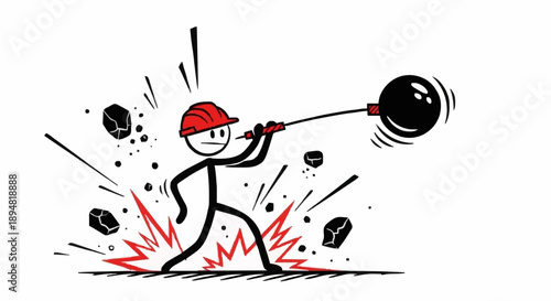 Stick figure construction worker with wrecking ball.