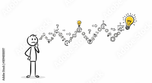 Stick figure contemplating a complex chain of symbols leading to a bright idea lightbulb.