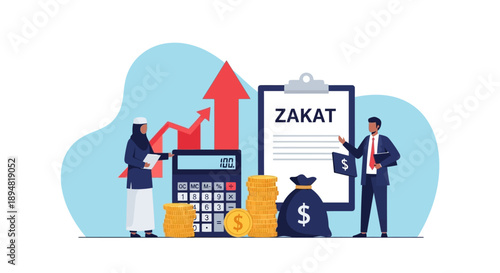 Zakat calculation illustration with financial elements and charity.