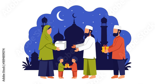 Family Sharing Food and Gifts During Ramadan Night.