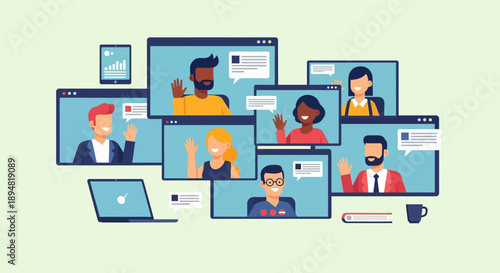 Diverse group of people communicating online through various digital devices.