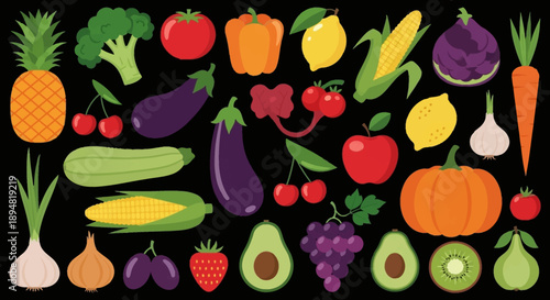 Assorted colorful fruits and vegetables arranged together.