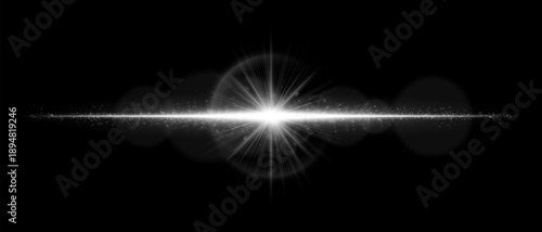 Horizontal optical flare with luminous reflections and realistic transparency. Suitable for overlays, digital lighting, and bright visual design projects.