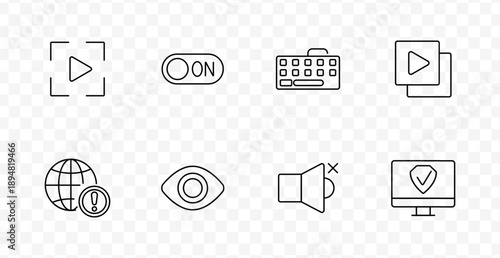 Digital interface set icon. Play marker, toggle switch, keyboard, layered play icon, globe alert, eye, muted speaker, secure desktop drawn in outlined style with transparent background