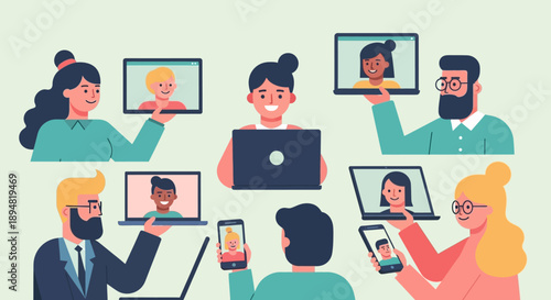 Diverse group of people using various devices for video conferencing.