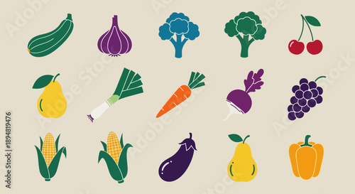 Assorted Fruits and Vegetables in Various Colors.