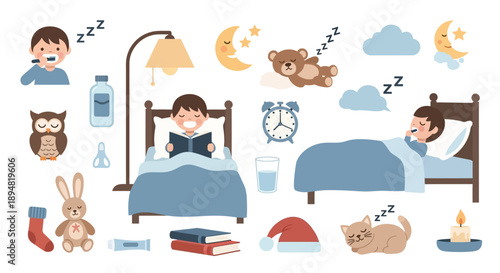 Illustration of people sleeping peacefully in bed with various sleep-related elements.