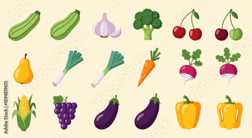 Assorted Vegetables and Fruits in Cartoon Style.
