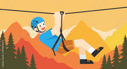 Man enjoying ziplining adventure in mountainous landscape.