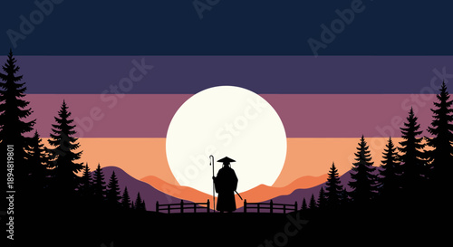 Silhouette of a lone cowboy standing on a wooden fence at sunset.