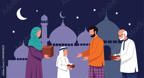 Family Sharing Food During Ramadan Night Under Mosque Silhouette.