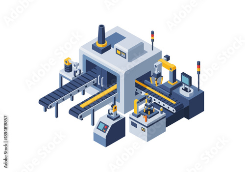 Industrial machine operation in a factory setting with conveyor belt and equipment