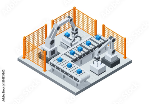 Industrial robots working together in a fenced area with conveyor belts and safety grids