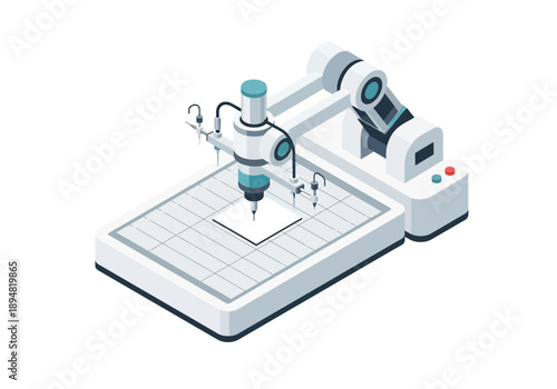 Automated robotic arm precision manufacturing process on grid surface in industrial setting