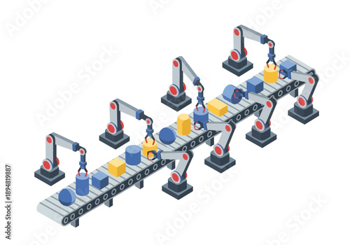 Robotic arms manipulating objects on a conveyor belt in an industrial setting from an aerial viewpoint